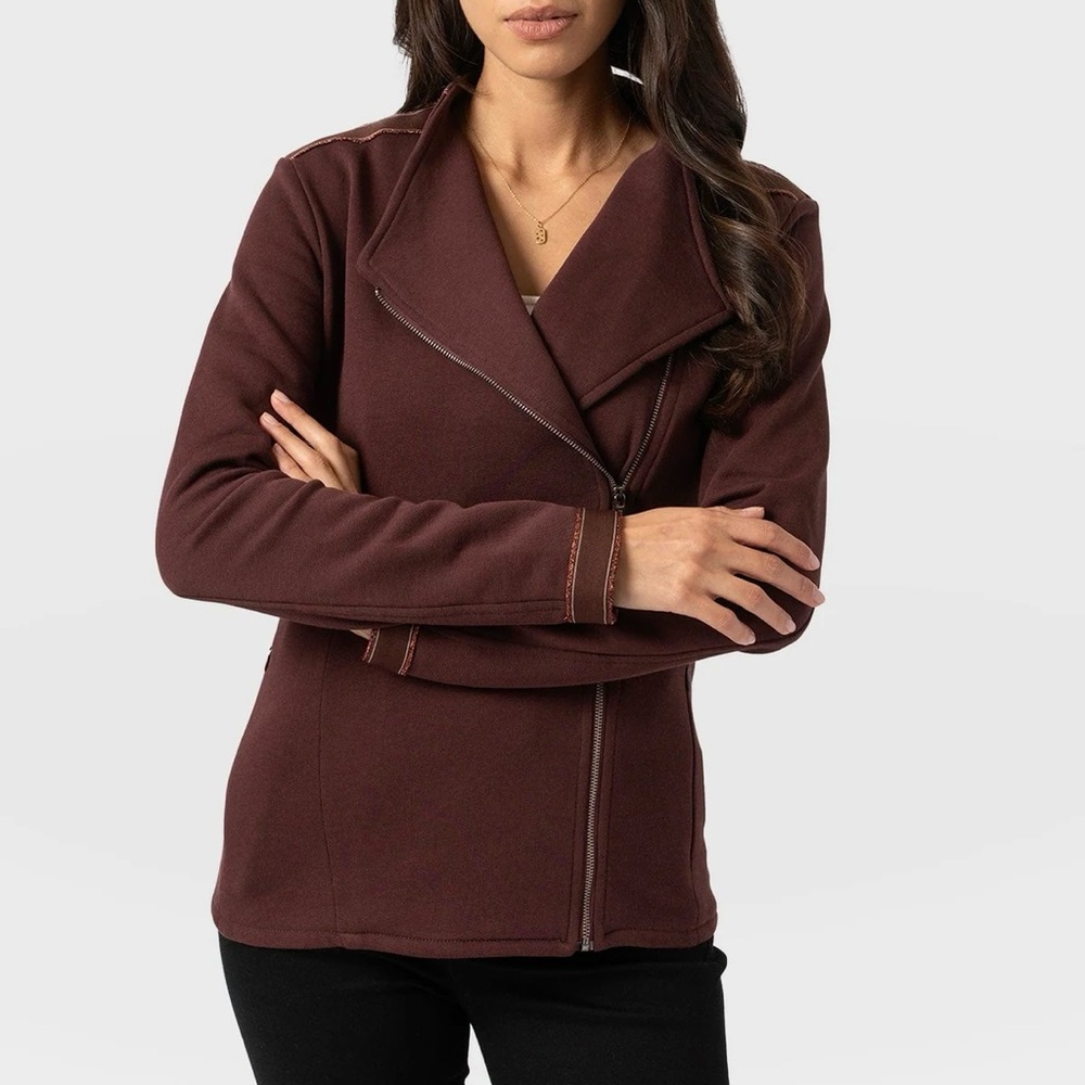SAINT + SOFIA Organic Cotton Biker
Jacket Maroon Bronze Stripe Women's Size 8